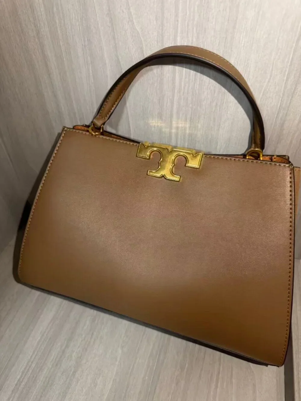 Tory Burch Taupe Smooth Leather Top‑Handle Satchel Gold‑Tone Logo Lock Handbag